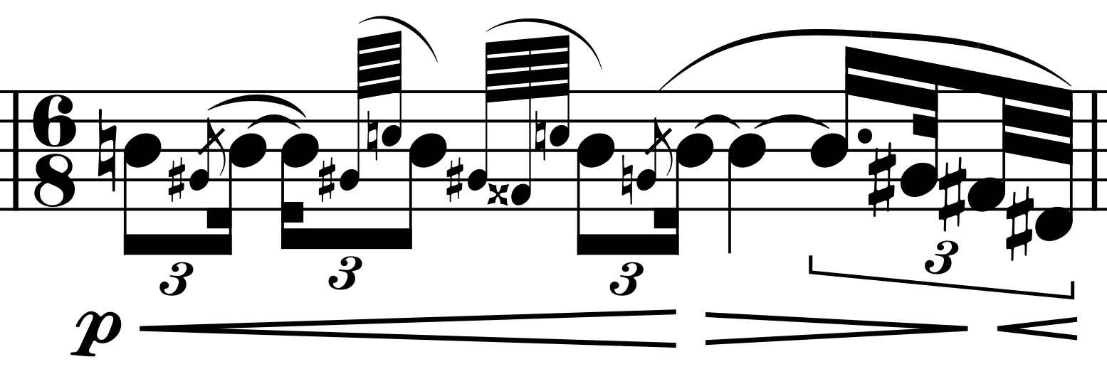 Alba notation demonstrating narrow noteheads used for grace notes