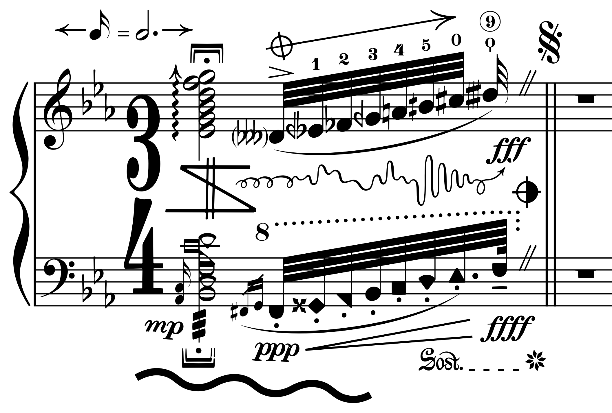 A broad specimen of Alba symbols, including microtonal accidentals, shape noteheads, tall time signatures, and Salzedo symbols