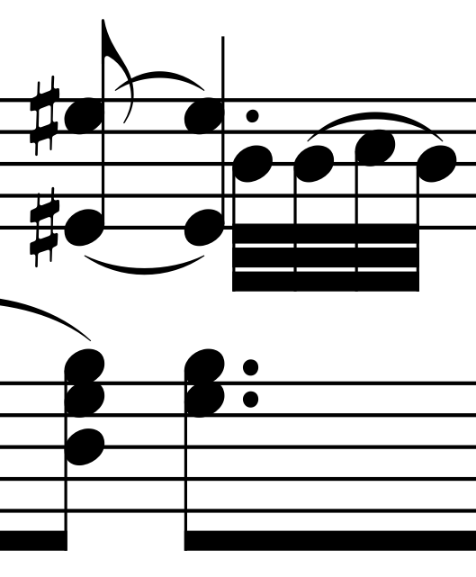 Musical passage comparing staccato dots and augmentation dots