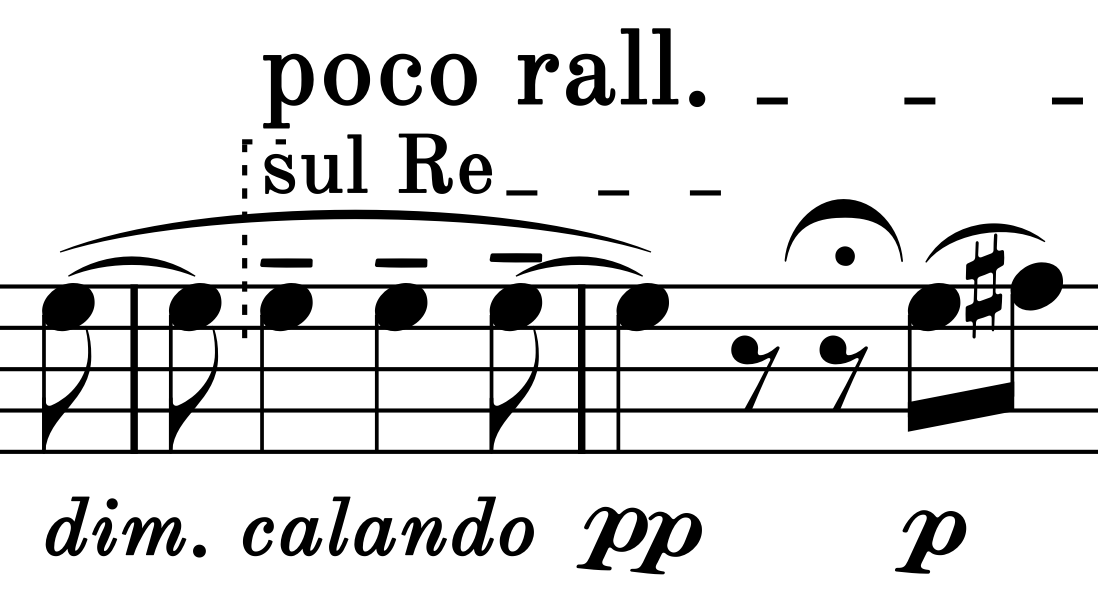 Tenuto marks and dashed continuation lines in a musical passage