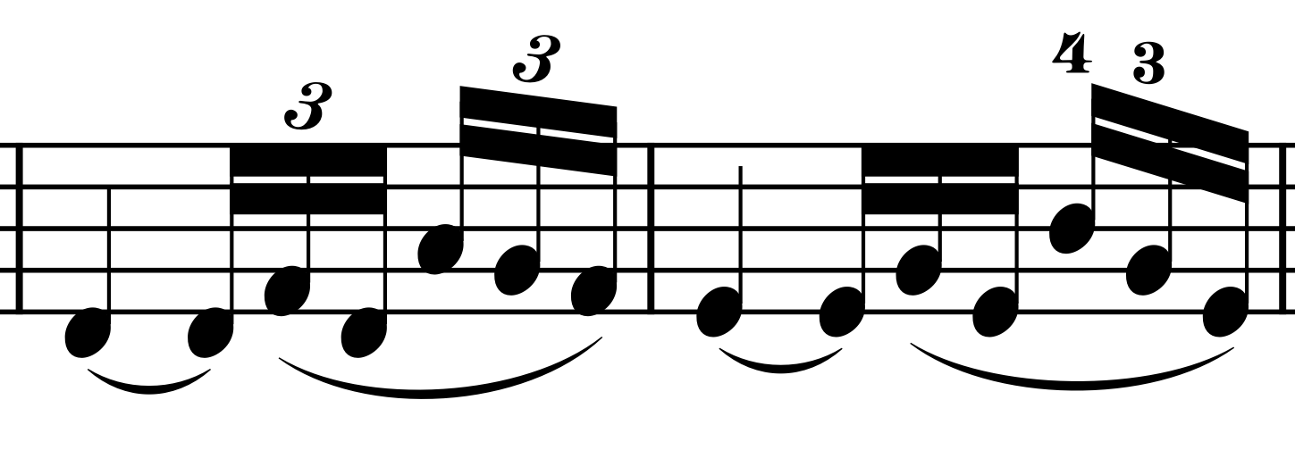 Alba italic triplet numerals contrasted with upright fingering numerals in a music excerpt